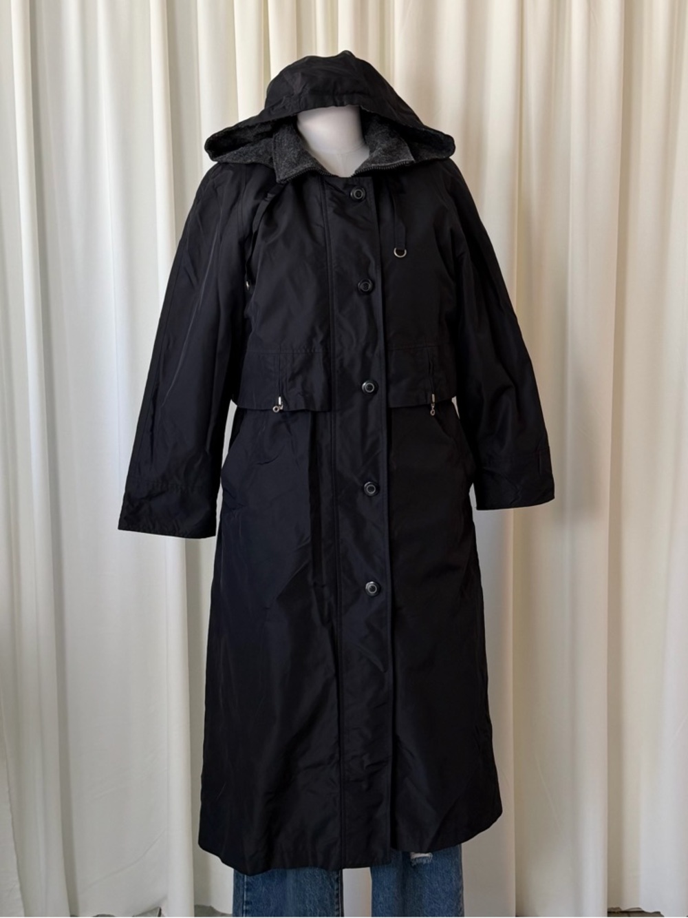 Vintage 1990s Fleet Street Hooded Black Trench Coat Gorpcore size 8Petite. - Picture 5 of 14